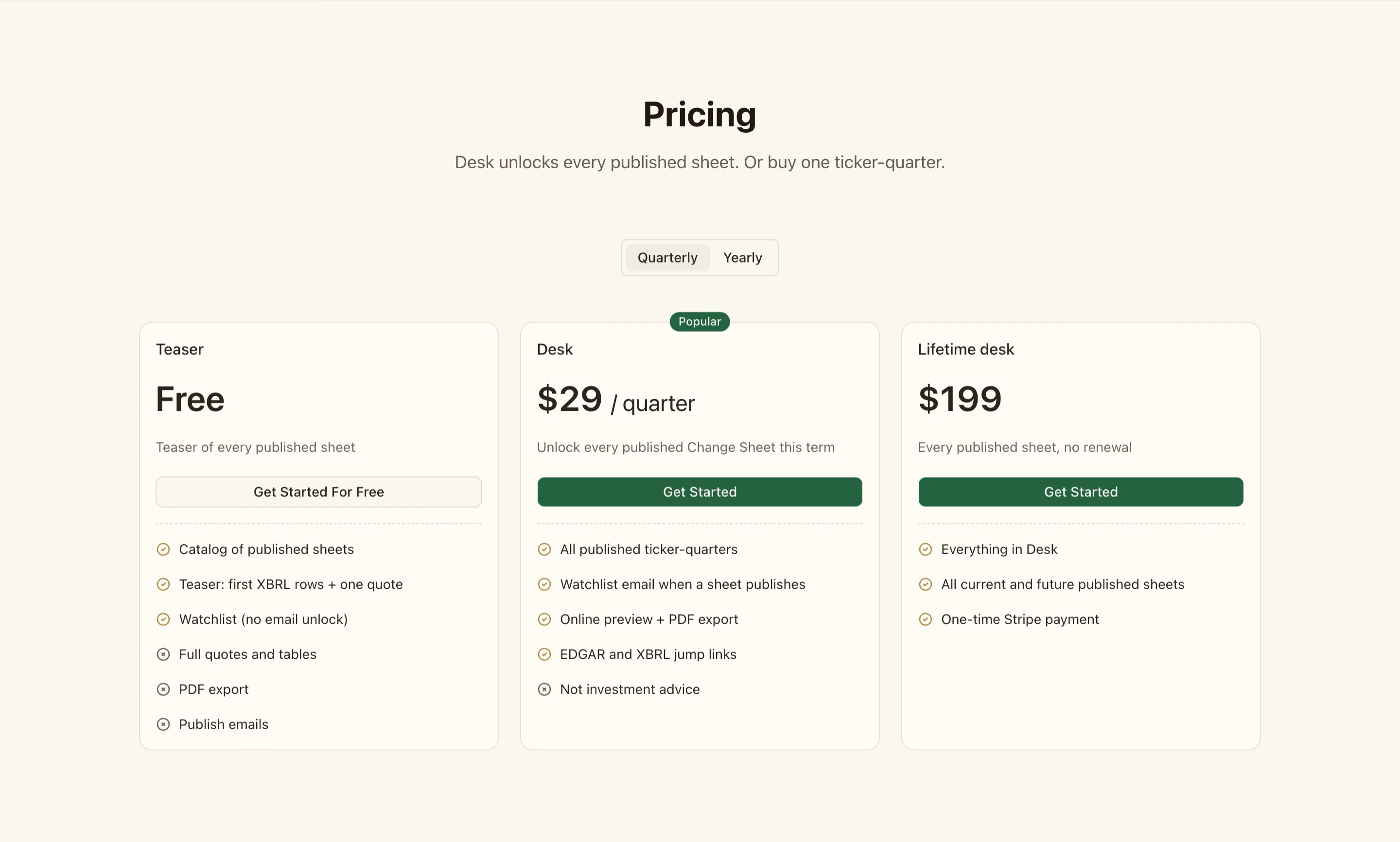 One-off, quarterly, and lifetime access