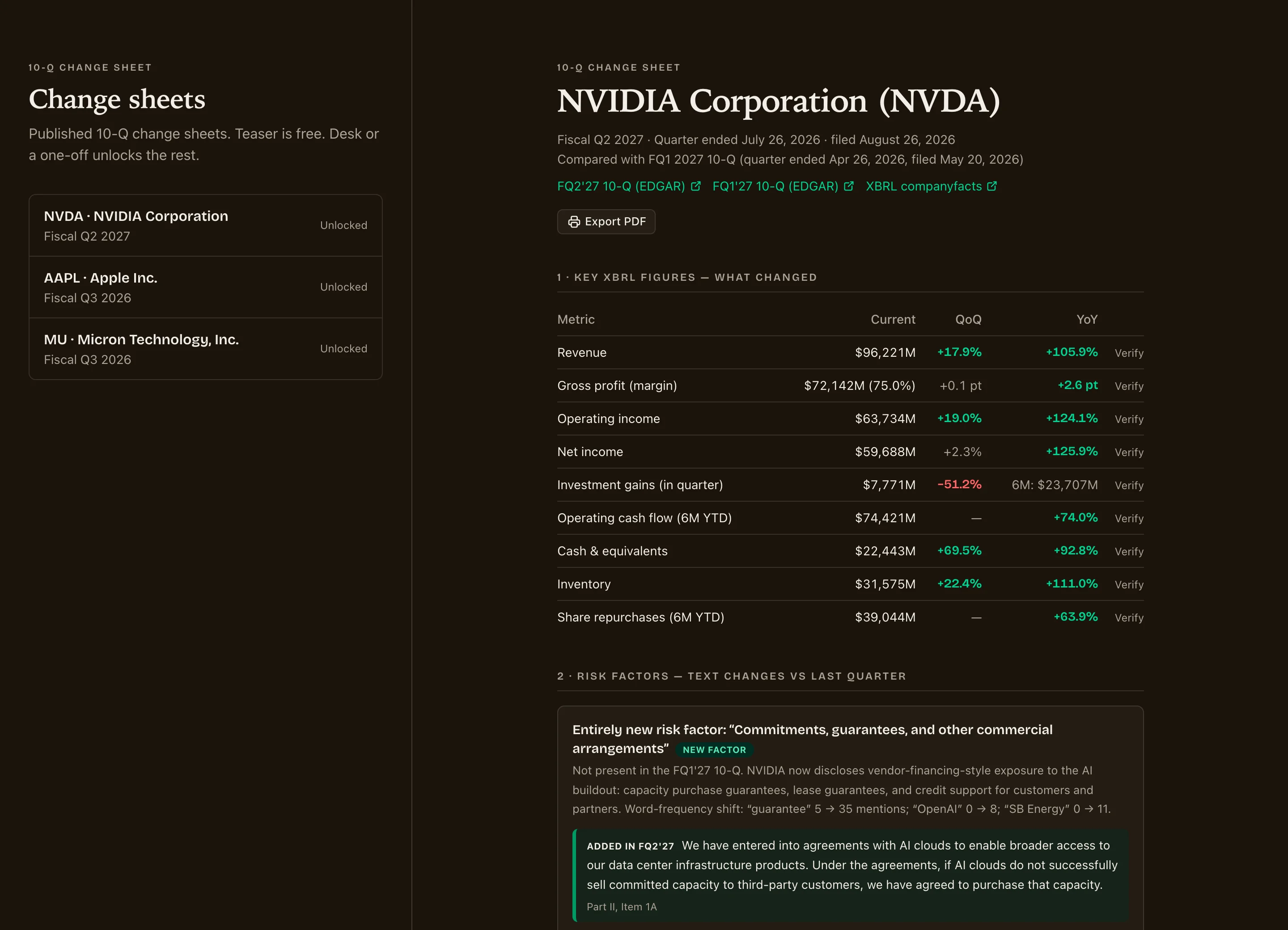 Watchlist and NVIDIA Change Sheet split view in dark mode